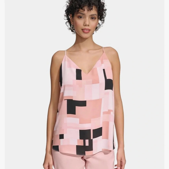 EUC Calvin Klein Women's Sleeveless Printed V-Neck Top Black / Desert Rose Med - Picture 6 of 12